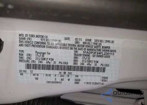 2015 Ford Focus Se z USA, uszkodzony, nr VIN 1FADP3F24FL230113